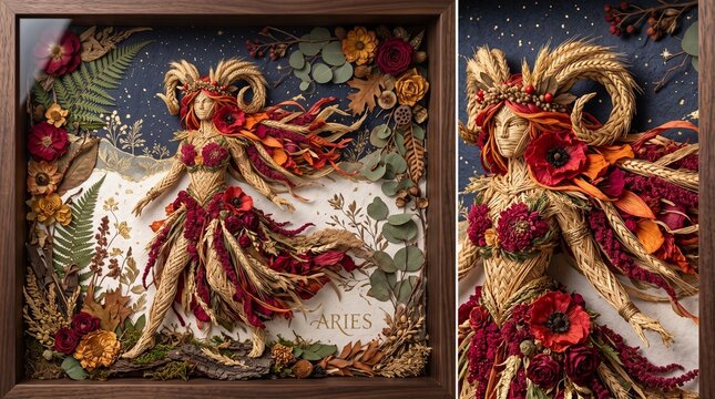Artistic paper craft diptych of the aries zodiac sign featuring a woman with ram horns surrounded by dried flowers and foliage in a frame