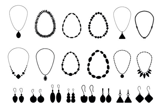 Jewelry black silhouettes. Isolated beads, necklaces and earrings in various designs. Silhouettes for laser cutting, stickers, monochrome jewelry vector design elements