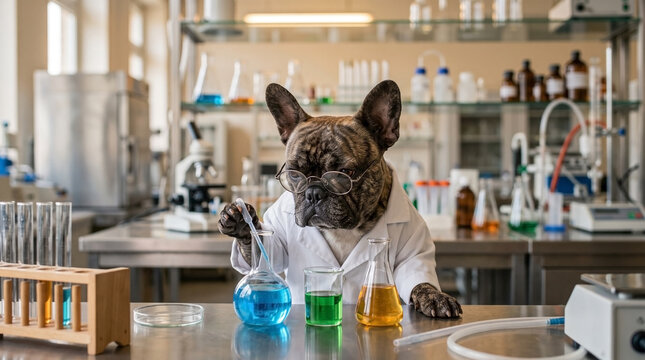 French Bulldog dressed as a scientist in a laboratory. Funny dog wearing a white lab coat and glasses working with chemistry beakers