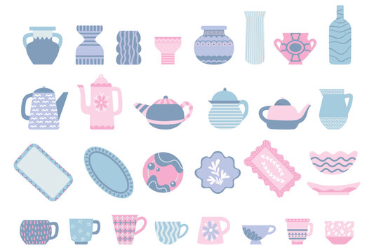 Kitchen elements. Ceramic mugs, plates, jugs and teapot, vases and bowls. Decorative trays with ornaments. Isolated dishes, kitchenware, vector clipart