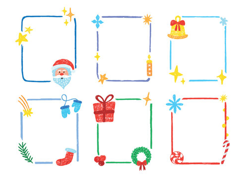 Pencil drawing Christmas frames. Children style draw decorative elements, cards templates. Frame with Santa, stars, snowflake, candies and gift, vector set