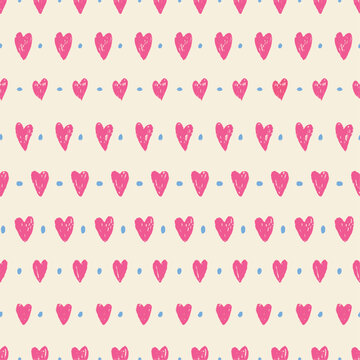 Pink hearts and blue dots seamless pattern. Crayon children style drawing. Love and romantic, girly print for fabric, wrapping design, vector background
