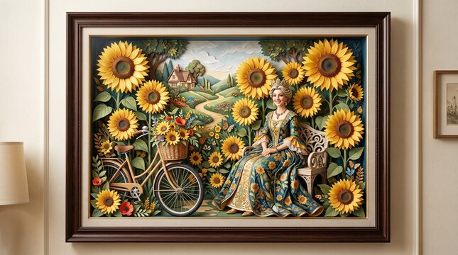 Layered paper craft of a woman sitting on a bench near a bicycle and a cottage in a sunflower field inside a dark wooden shadowbox frame
