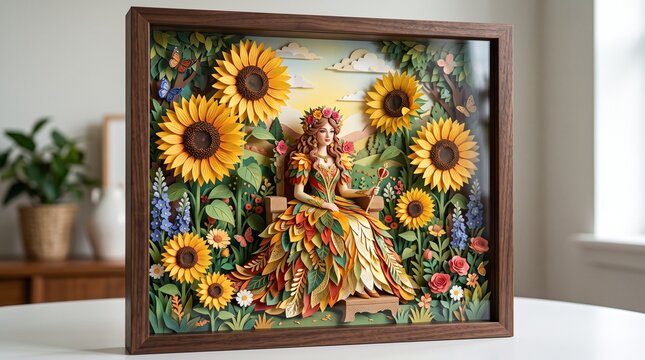Layered paper craft of a woman sitting on a throne surrounded by vibrant sunflowers and lush greenery inside a dark wooden shadowbox frame
