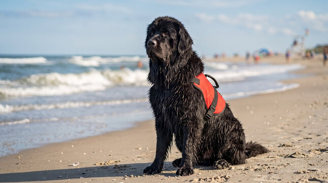 Black Newfoundland dog working as a lifeguard on the beach. Brave rescue animal wearing a red vest sitting on the sand by the ocean