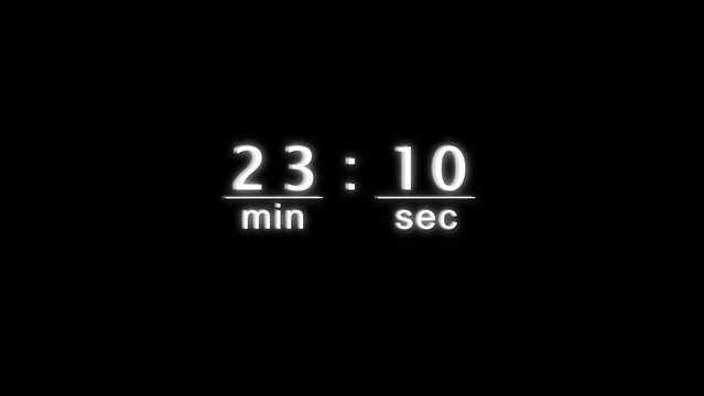 Digital clock timer displaying twenty three minutes and ten seconds on black background.