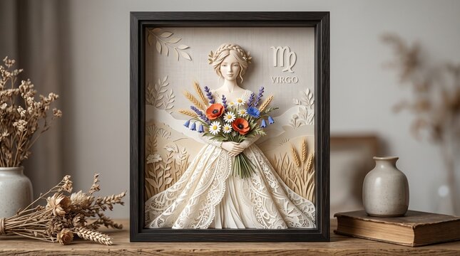 Virgo zodiac paper quilling of a woman holding a bouquet of wildflowers in a wooden frame on a table with dried floral decor