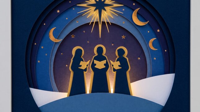 Choir caroler christmas star halo paper blue gold hymnal singing nativity holy angel hymn festive holiday praise worship church christian religious song music background dark glow layer
