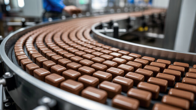 Chocolate candy bars moving on conveyor belt in food production line.