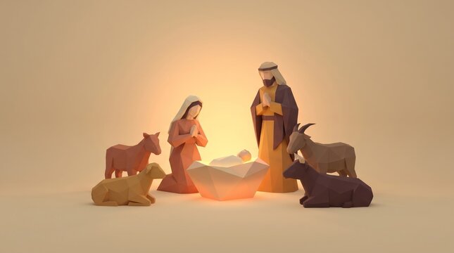 Nativity scene christmas jesus mary joseph manger holy family geometric polygon lowpoly christian religion religious birth christ bethlehem stable warm glowing light sheep lamb goat ox