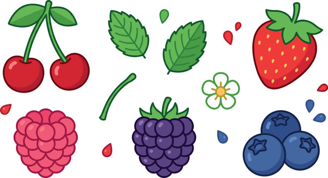 Fresh Berry Fruit Vector Collection Featuring Strawberry Blueberry Raspberry Blackberry and Cherry Icons with Green Leaves for Healthy Food Graphics