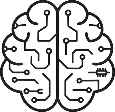 Digital brain icon featuring circuit board lines and processor chip symbolizing artificial intelligence technology