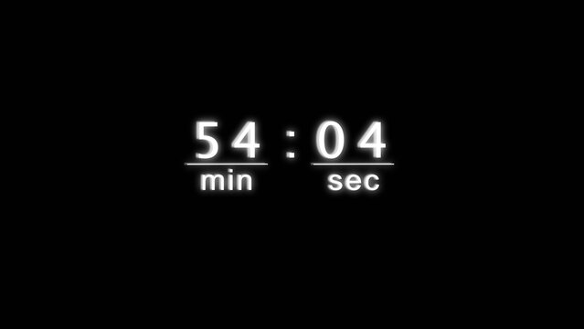 Digital clock display counting fifty four minutes and four seconds on black background.