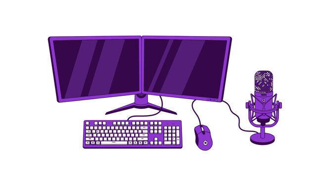 Gaming and Streaming Setup Illustration with Dual Monitors Microphone Keyboard and Mouse in Purple and Neon Green Colors