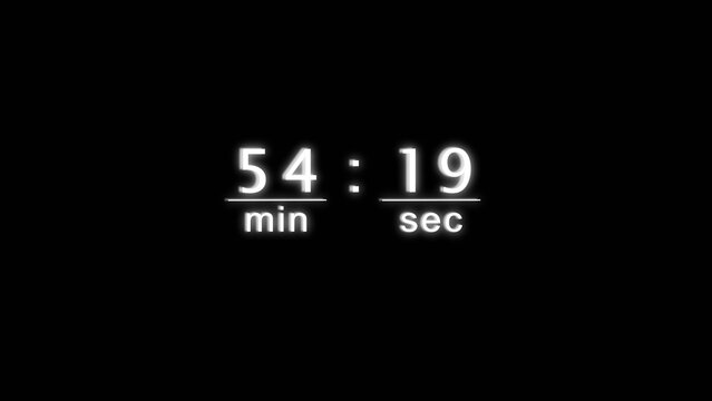 Digital clock display counting fifty four minutes and nineteen seconds on dark background.