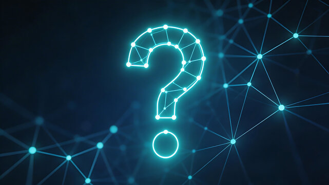 Glowing question mark on network background