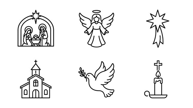 Christian Christmas Line Icon Set with Nativity and Peace Dove