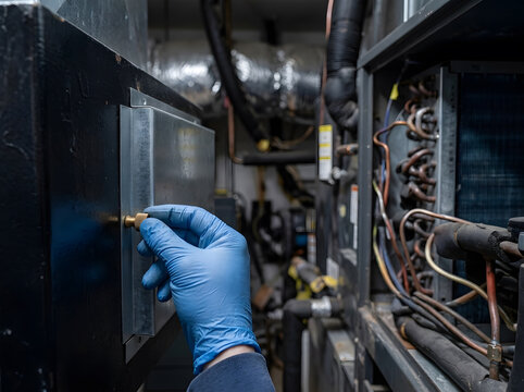 HVAC Technician Adjusting Panel Knob During System Inspection | Air Conditioner Maintenance with Technician Hand in Blue Glove | Heating and Cooling System Repair with HVAC Technician