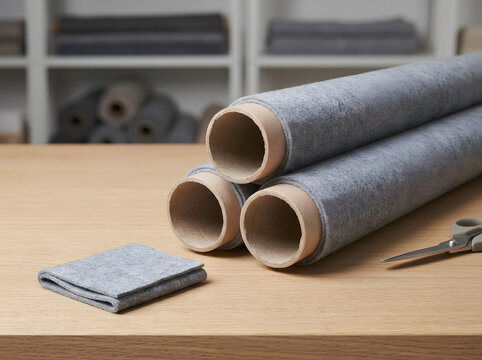 Grey Felt Fabric Rolls Stacked on Wooden Table with Scissors | Textile Design Workshop with Fabric Rolls and Swatch Sample | Grey Felt Material Rolls on Wooden Studio Workbench 