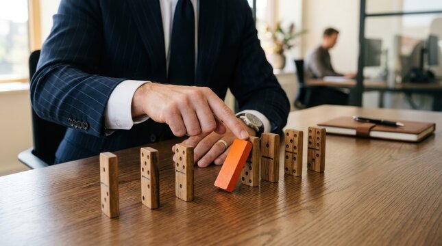 Male hand pushing orange block against wooden dominoes on table
