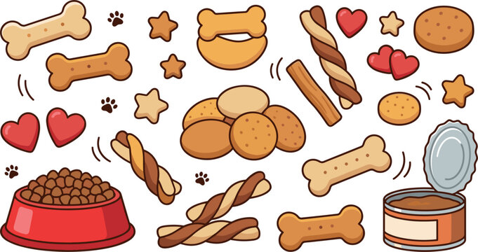 Dog Treats and Pet Food Vector Collection with Crunchy Bones Biscuits Kibble Bowl Canned Wet Food Stars and Hearts for Pet Shop Designs