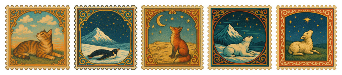 Obraz premium PNG Vintage animal-themed postage stamps, element set on transparent background