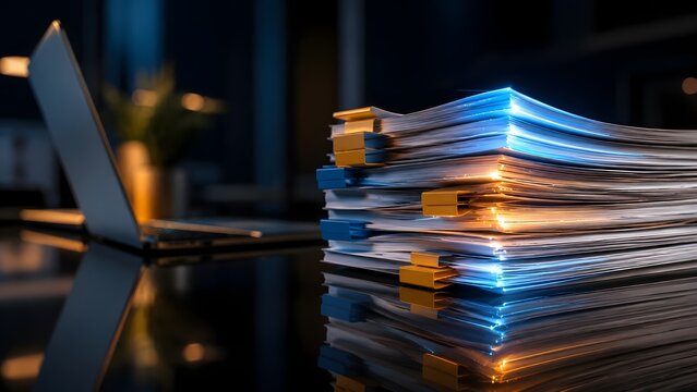 Glowing stack of documents next to a laptop representing digital transformation and electronic data processing in a modern office