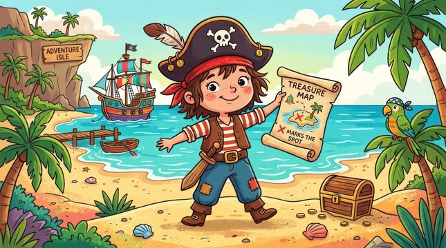 Child dressed as pirate with treasure map on tropical island beach