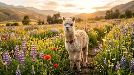 Naklejka premium Fluffy white baby alpaca standing gracefully amidst a vibrant field of colorful wildflowers and blooming lupines under the warm glowing light of a golden sunset.