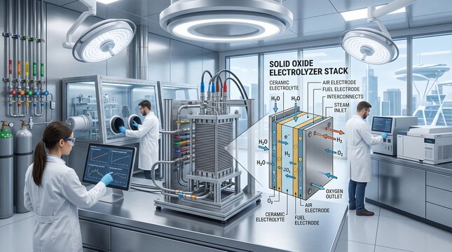 Scientists conducting research on solid oxide electrolyzer stack technology in a modern laboratory environment.