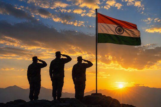 Indian Flag Waving at Sunrise,  Indian soldiers saluting the national flag 