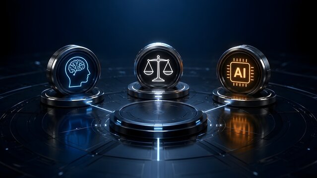 Futuristic digital pedestals displaying a brain scales of justice and AI chip representing artificial intelligence ethics and legal regulation