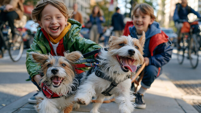 A child tugs two energetic dogs on leashes along a crowded urban sidewalk, a second kid partner shadowing closely in matching rain jacket, both laughing in an unposed moment amid commuters and cycli