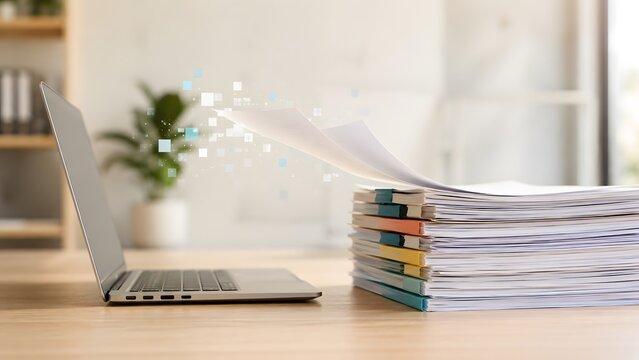 Stack of paper documents transforming into digital pixels flying into a laptop screen representing paperless office digitization