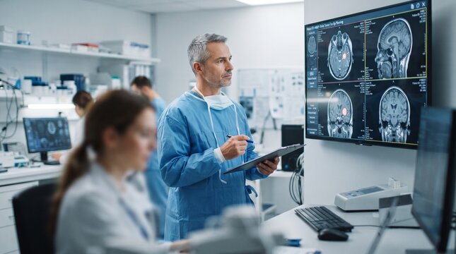 Medical Doctor Examining Head CT Scans and Brain Diagnostic Images on Large Screen