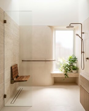 Barrier free walk in shower with elegant grab rail in a bright modern bathroom