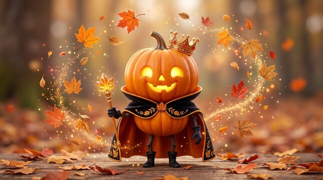 A cute jack-o-lantern pumpkin character wearing a golden crown and a black cape, holding a glowing magic wand amidst falling autumn leaves