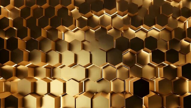 Seamless loopable 4K 3D animation of countless polished golden cubes moving in wave like patterns forming a bright metallic geometric background for luxury branding