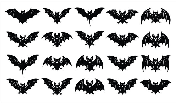 Collection of various black bat silhouettes isolated on white background for creative halloween party decorations and festive graphic design