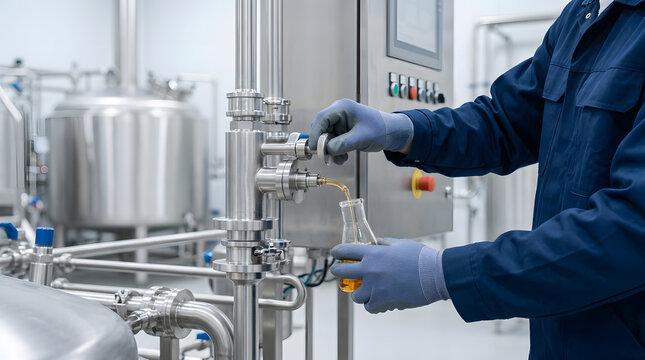 Factory Worker Sampling Liquid from Stainless Steel Valve in Industrial Processing Plant