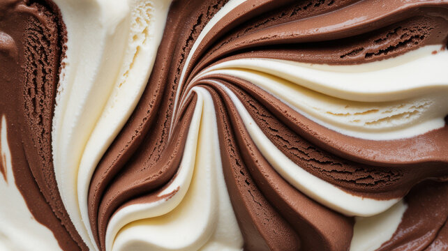 Creamy chocolate and vanilla ice cream swirl texture abstract background.