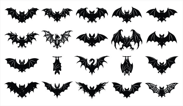 Set of various black bat silhouettes isolated on white background for creative halloween party decorations and graphic design projects