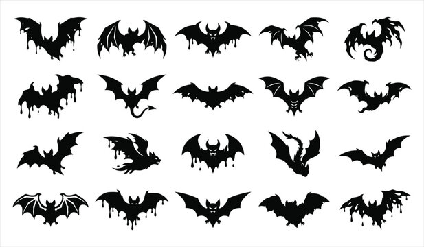 Collection of various black bat silhouettes with dripping ink effects perfect for spooky halloween party decorations and graphic design