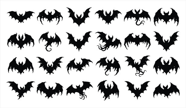 A collection of various black bat silhouettes isolated on a white background for your creative halloween party design projects