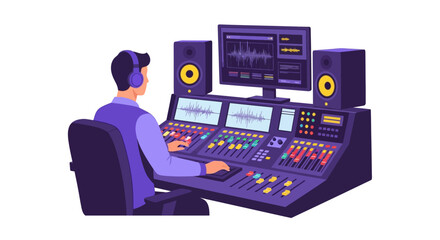 Fototapeta premium Professional Sound Engineer Working at Mixing Console in Audio Recording Studio Vector Illustration for Music Production and Podcasting Concepts