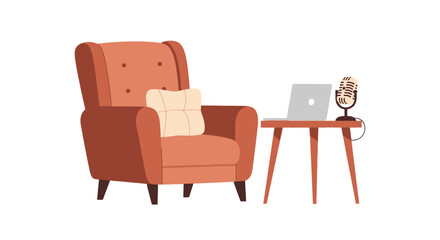 Fototapeta premium Cozy Home Podcast Studio Illustration with Armchair, Laptop, and Vintage Microphone on White Background