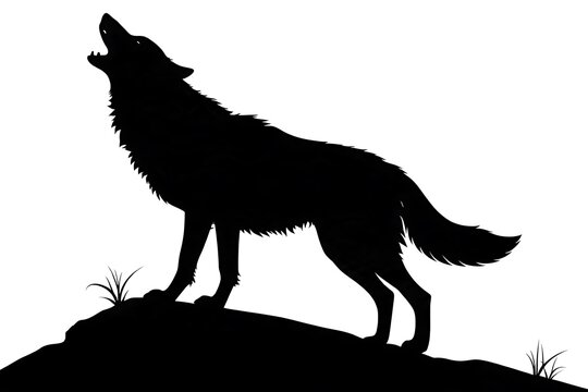 Howling wolf silhouette on a rocky hill at night
