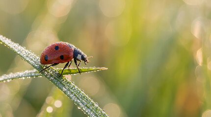 Obraz premium Red ladybug with black spots crawls on dew covered green grass blade in soft focus natural outdoor setting during morning light