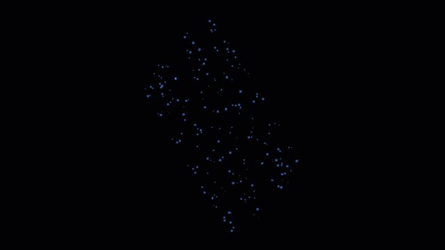 Blue glowing digital particles forming rotating cubes in a dark space for technology concept