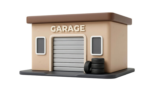 3D garage shop PNG with shutter door and tires, beige mechanic building isolated on white background for automotive app icon. Ai Generated